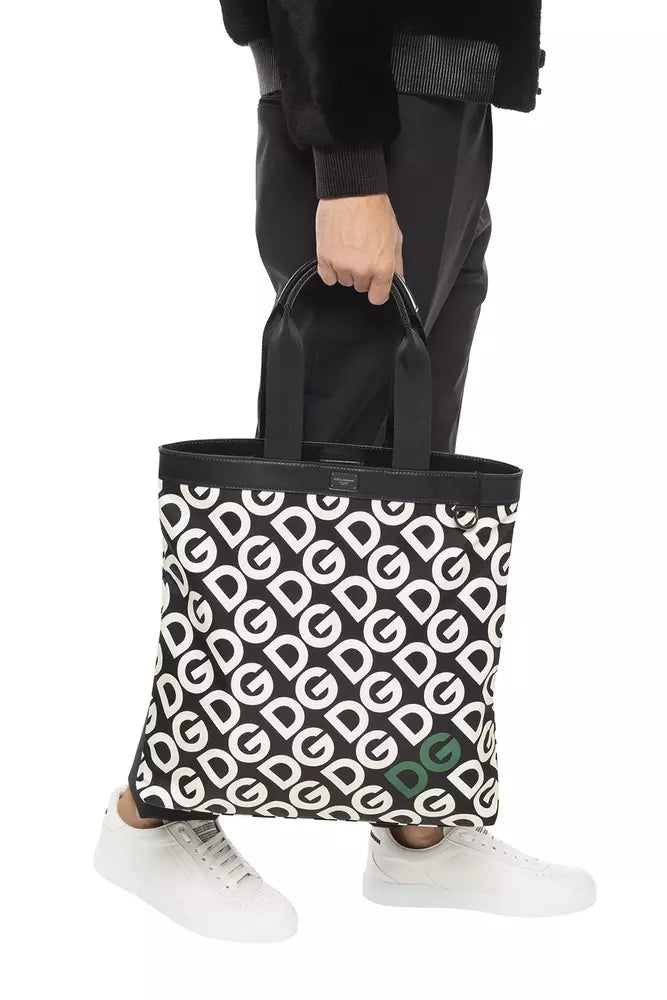 Dolce & Gabbana Black Patterned Leather-Trim Shopper Bag