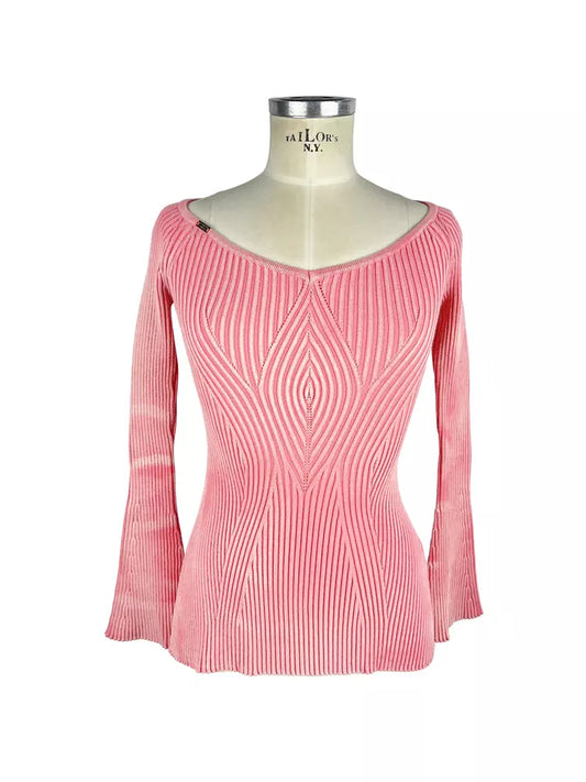 Elisabetta Franchi Peony Pink Long-Sleeved Ribbed V-Neck Sweater