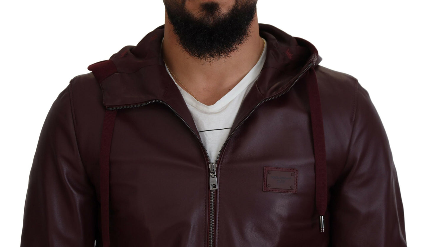 Dolce & Gabbana Maroon Hooded Leather Masterpiece Jacket