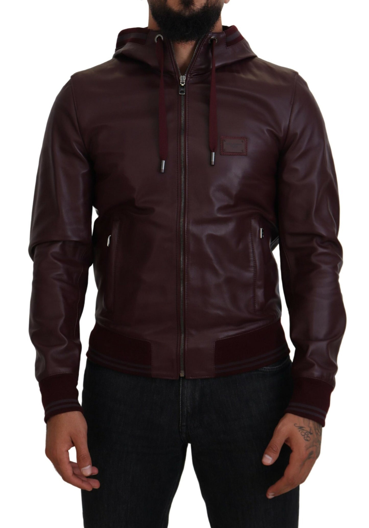 Dolce & Gabbana Maroon Hooded Leather Masterpiece Jacket