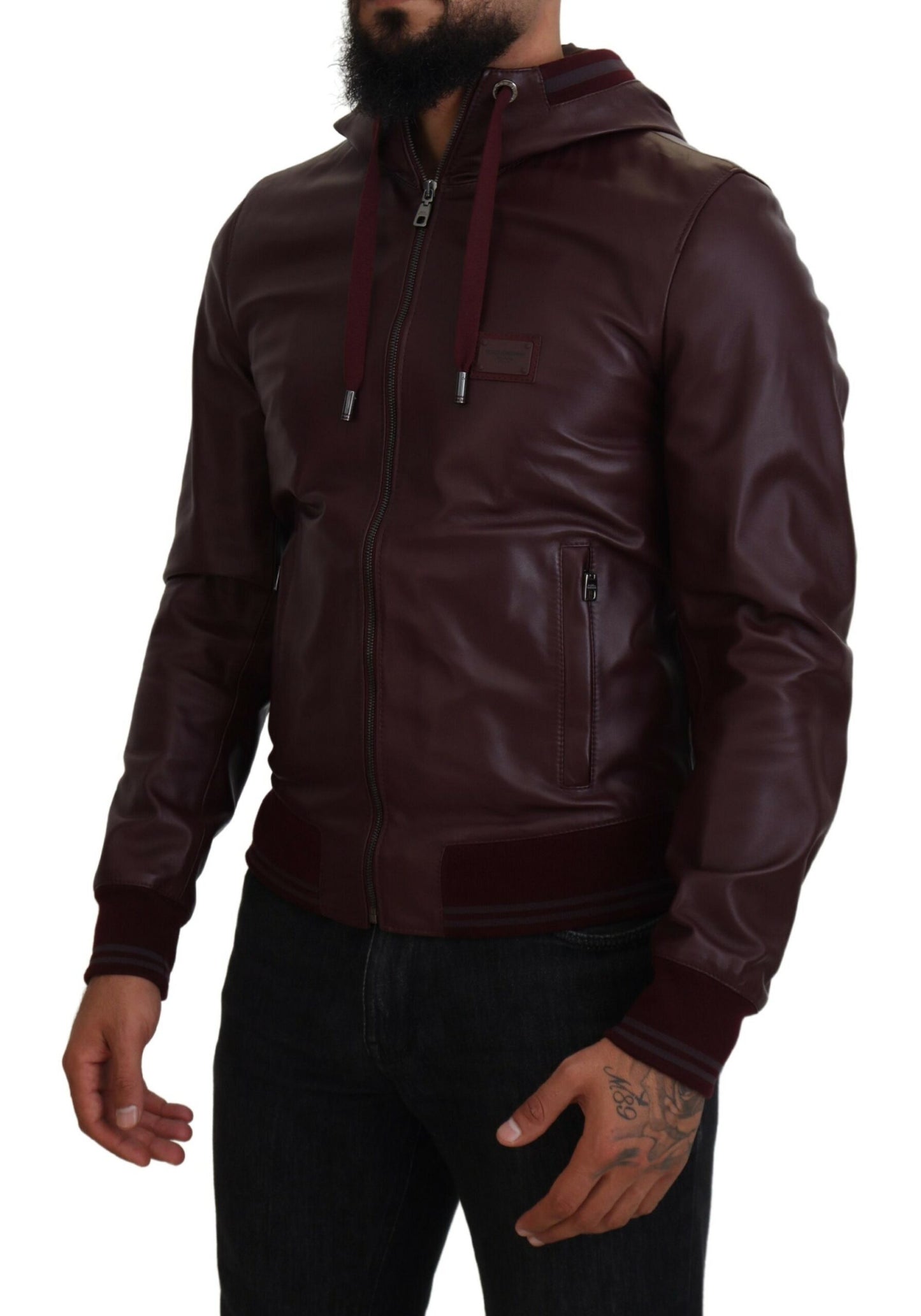 Dolce & Gabbana Maroon Hooded Leather Masterpiece Jacket