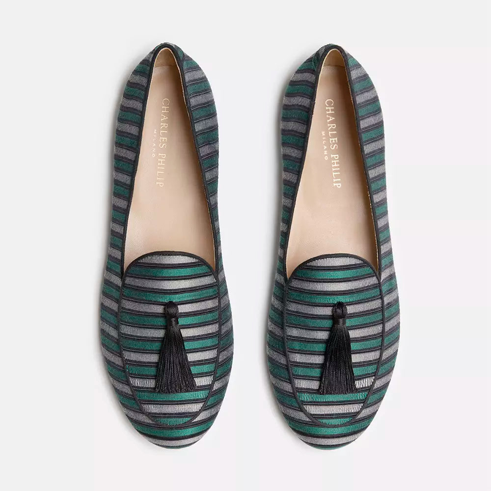 Charles Philip Elegant Striped Silk Loafers with Tassel