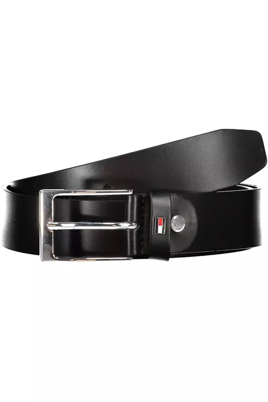 Tommy Hilfiger Elegant Black Leather Belt with Metal Buckle