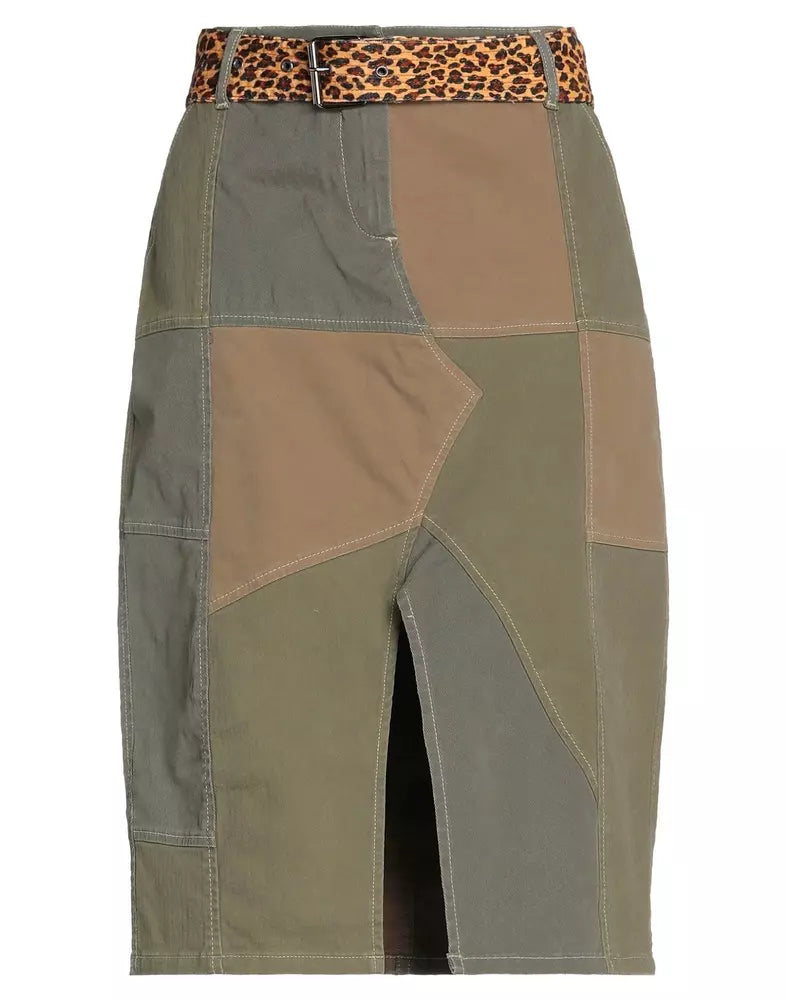 PINKO Chic Military Green Midi Skirt with Leopard Belt