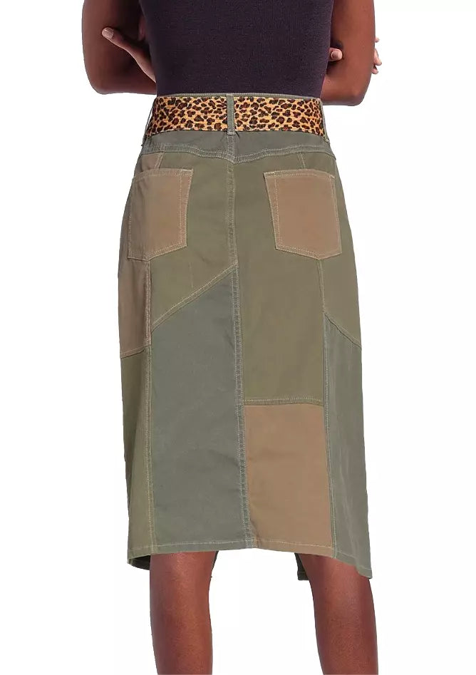 PINKO Chic Military Green Midi Skirt with Leopard Belt