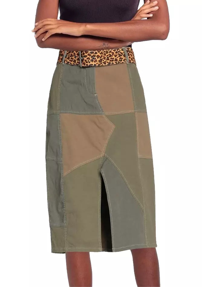 PINKO Chic Military Green Midi Skirt with Leopard Belt