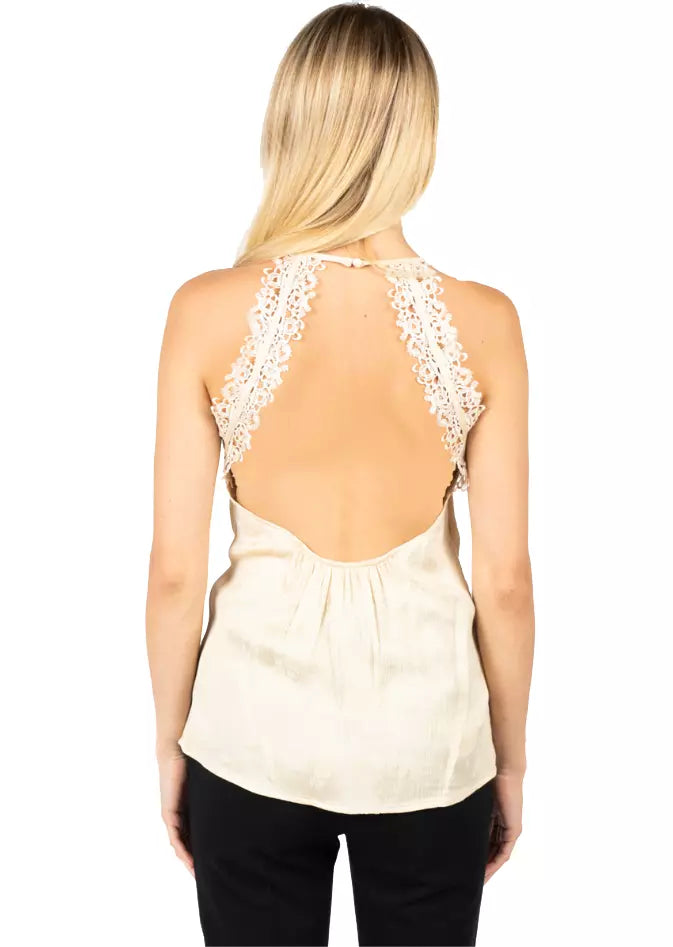 PINKO Floral Crepon Sleeveless Top with Macramé Lace Detail