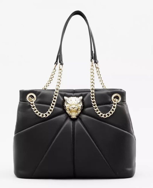 Plein Sport Elegant Faux Leather Tote with Gold Chain Accent