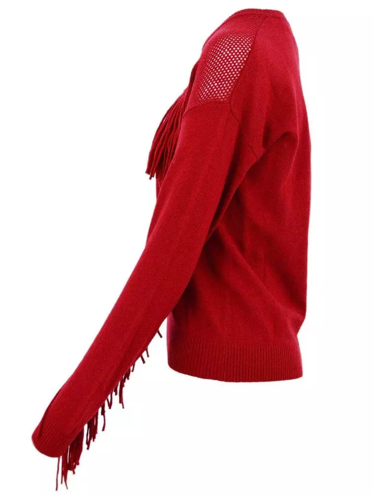 PINKO Perforated Crew-Neck Red Sweater with Fringe Detail