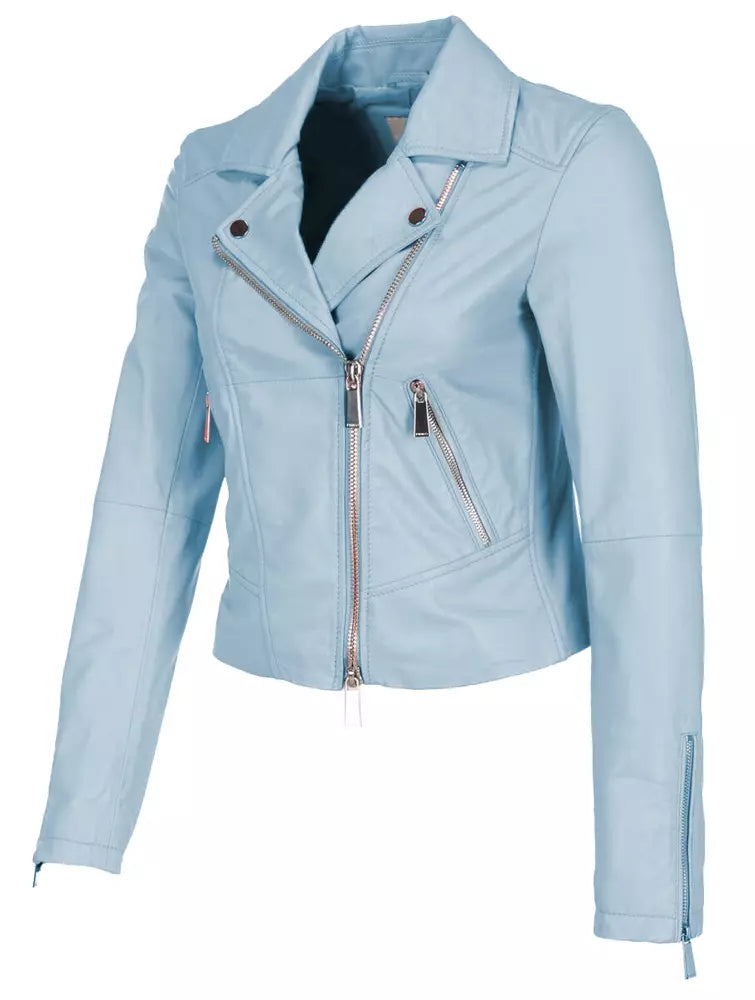 PINKO Chic Light Blue Lambskin Biker Jacket