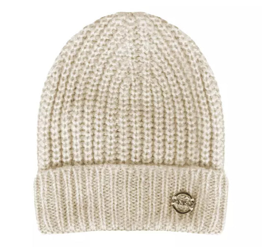 PINKO Cream Ribbed Beanie with Metal Logo Accent