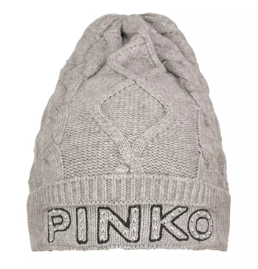 PINKO Chic Gray Braided Winter Beanie with Stud Detail