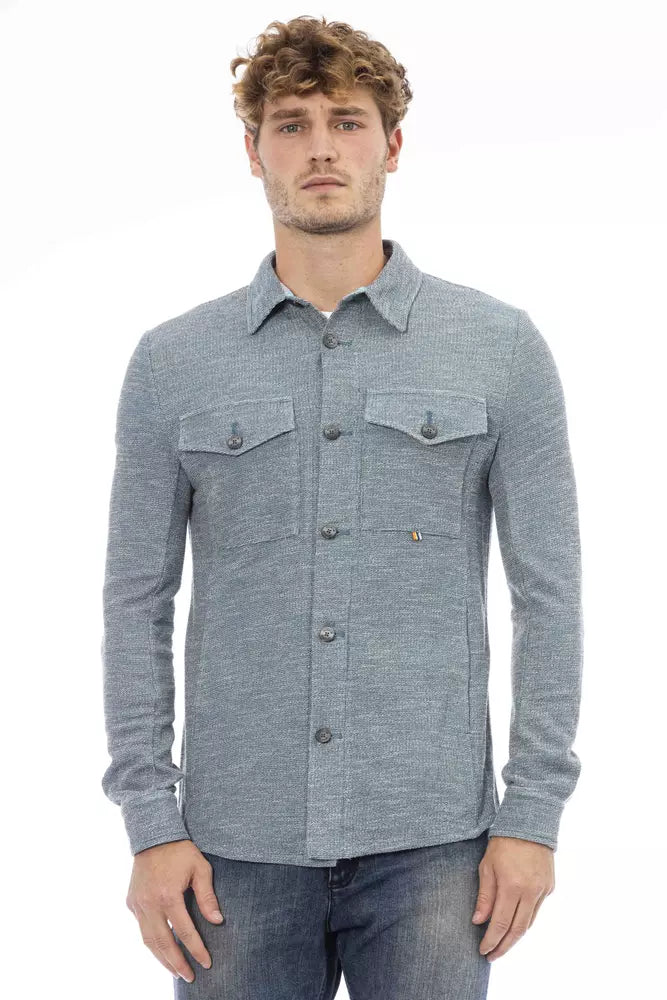 Distretto12 "Blue Polyester Men Shirt with Italian Neck Detail"