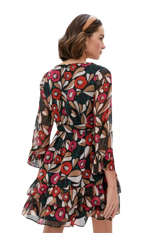 Twinset Multicolor Floral Crepe Midi Dress with Ribbon Waist