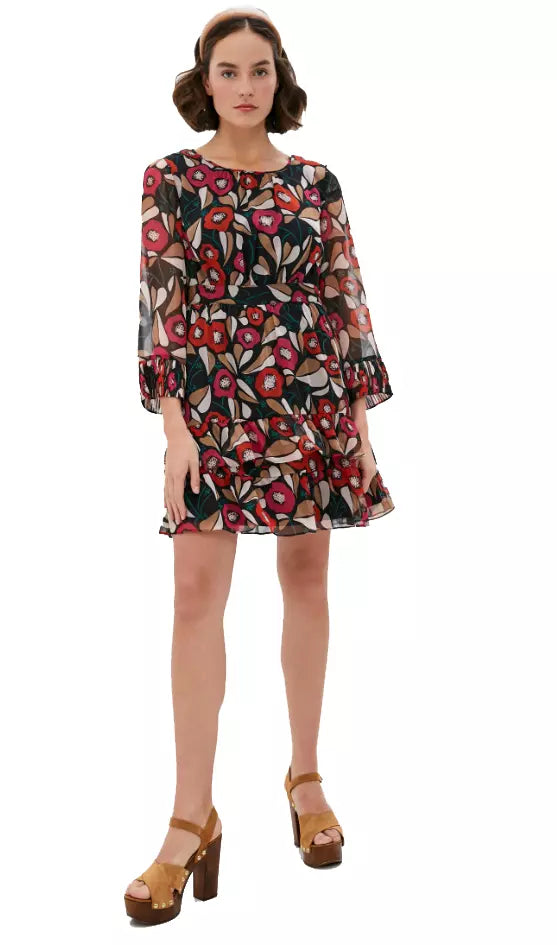 Twinset Multicolor Floral Crepe Midi Dress with Ribbon Waist