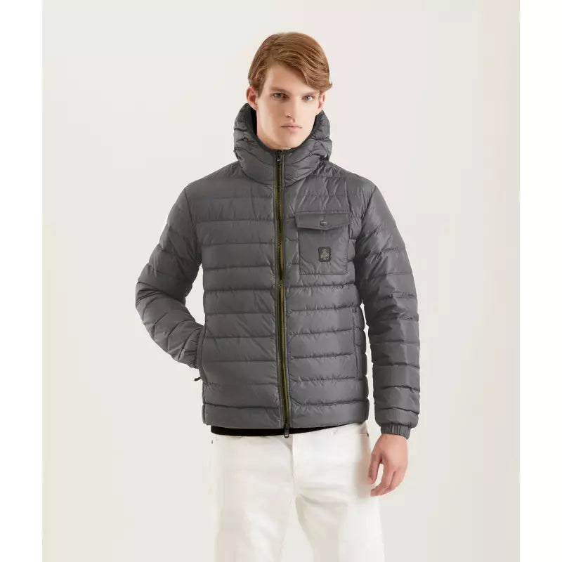 Refrigiwear Sleek Gray Hooded Down Jacket with Zip Closure