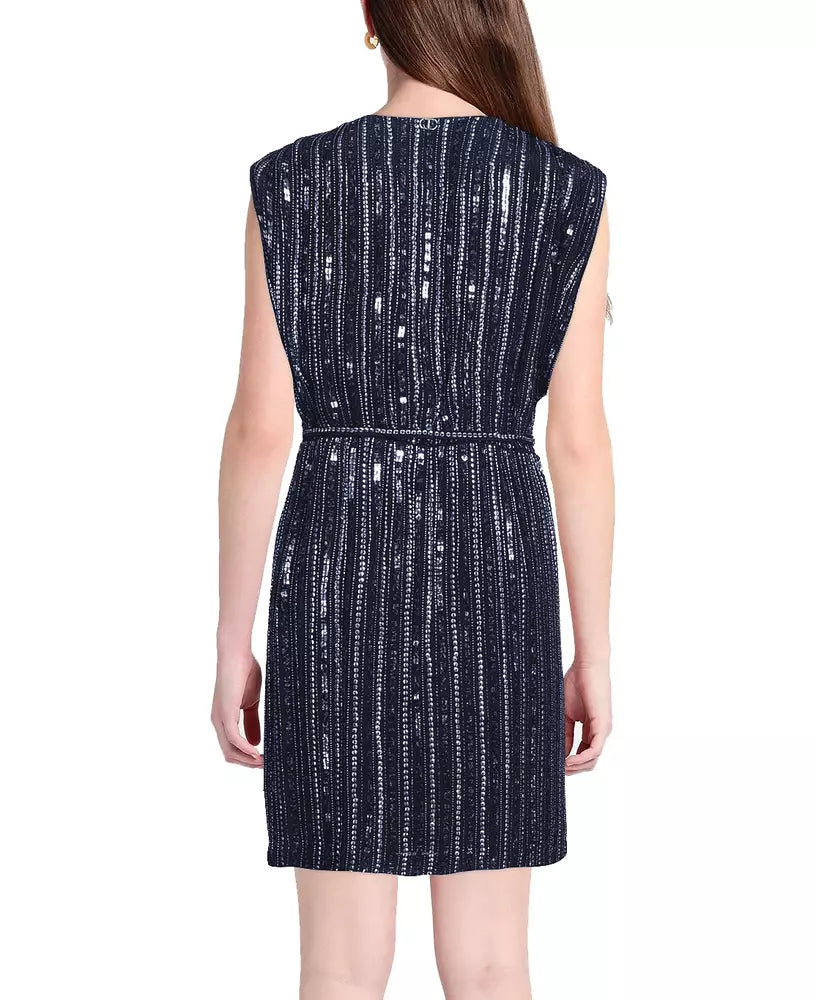 Twinset Elegant Blue V-Neck Sequined Midi Dress