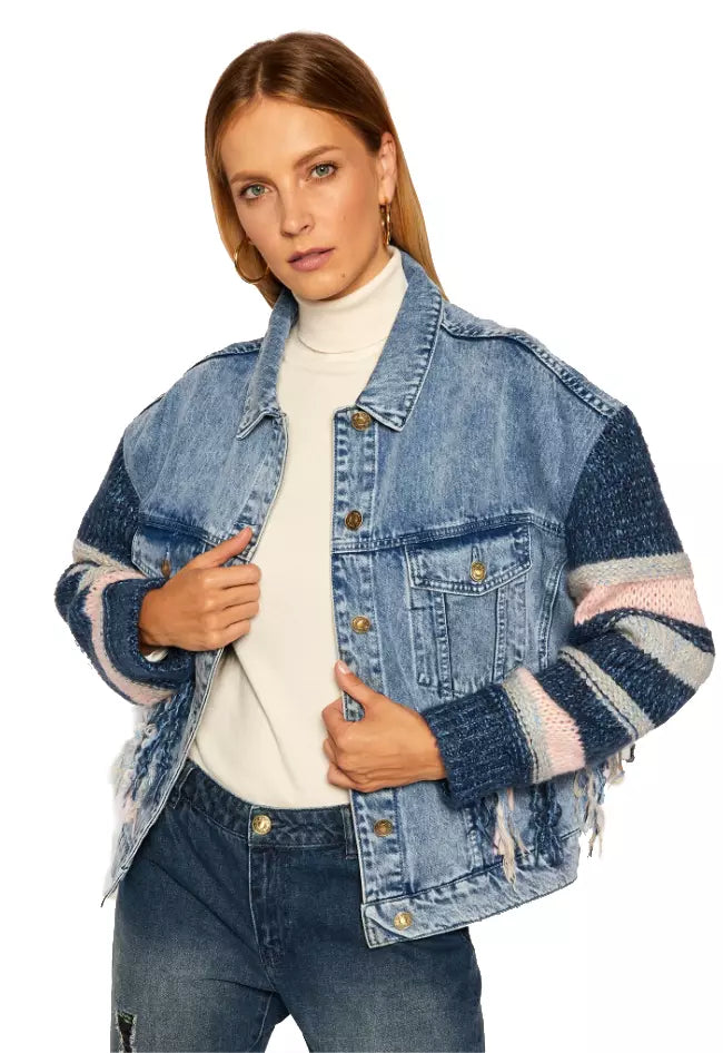 Twinset Chic Striped Sleeve Denim Jacket