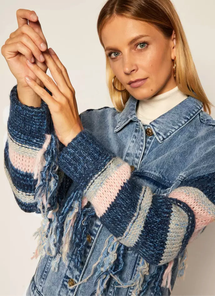 Twinset Chic Striped Sleeve Denim Jacket