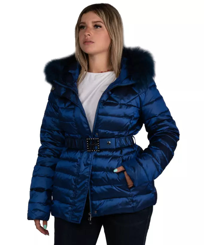 Liu Jo Chic Blue Short Down Jacket with Eco-Fur Hood