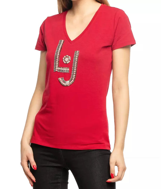 Liu Jo Rhinestone Beaded V-Neck Red Tee