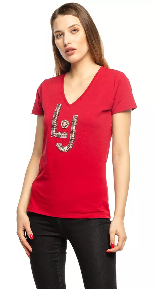 Liu Jo Rhinestone Beaded V-Neck Red Tee