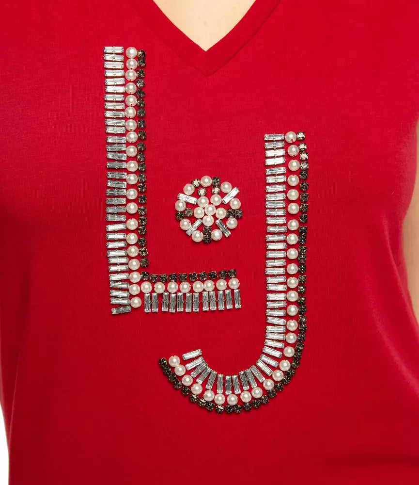 Liu Jo Rhinestone Beaded V-Neck Red Tee