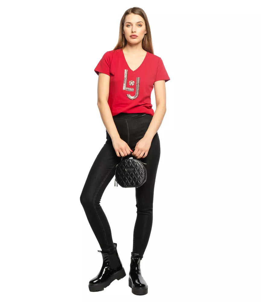 Liu Jo Rhinestone Beaded V-Neck Red Tee