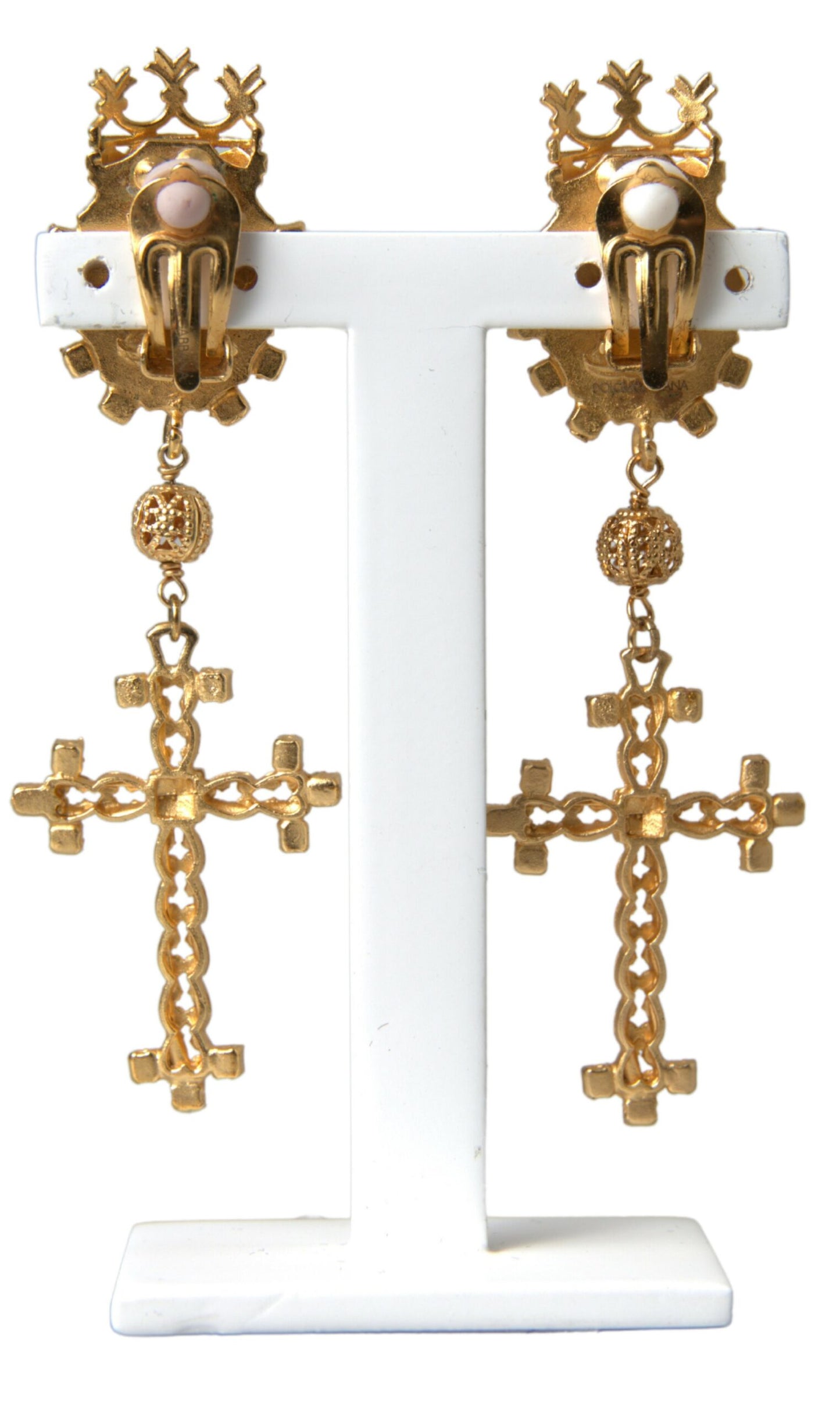 Dolce & Gabbana Regal Gold Cross & Crown Clip Earrings