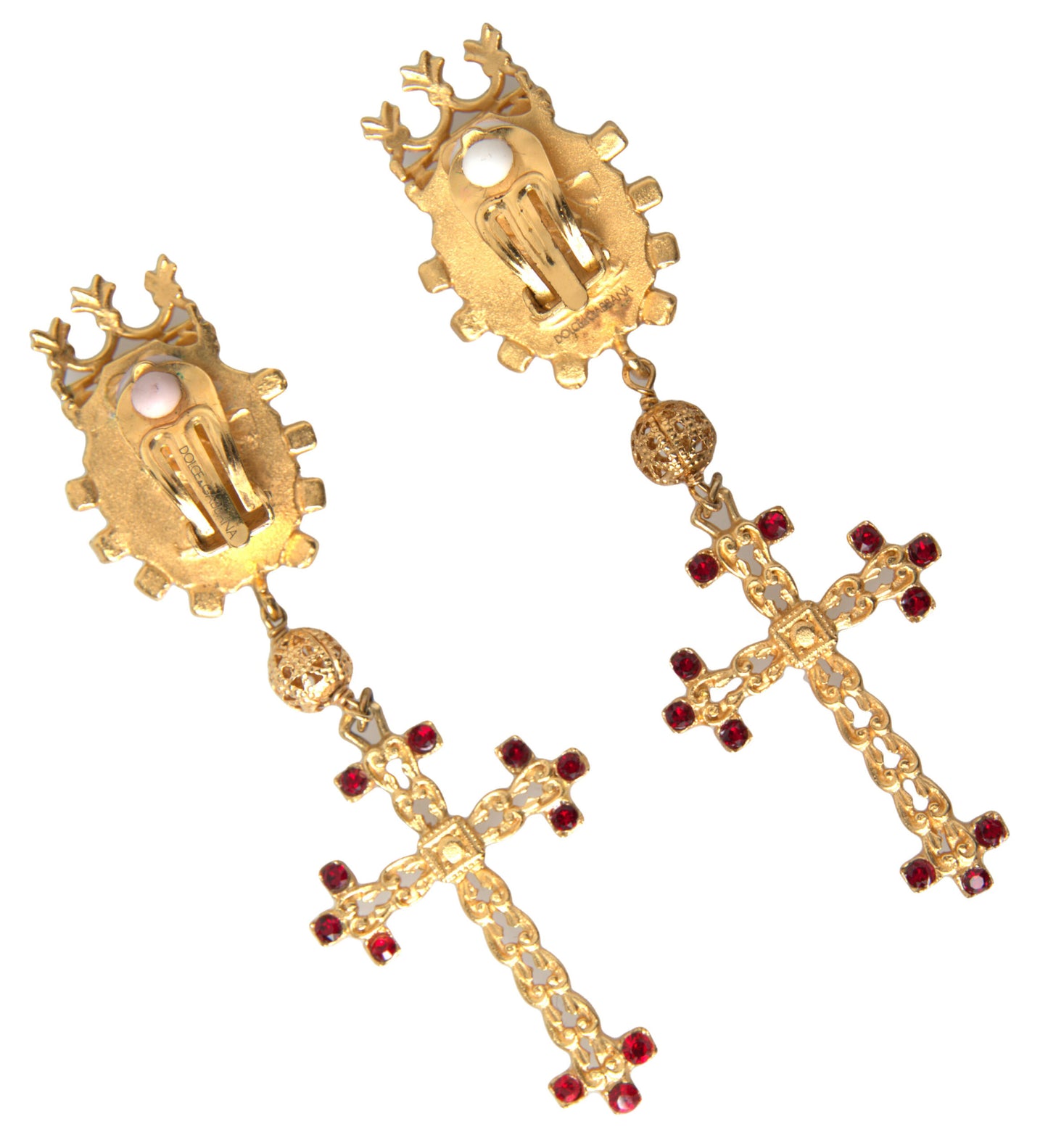 Dolce & Gabbana Regal Gold Cross & Crown Clip Earrings