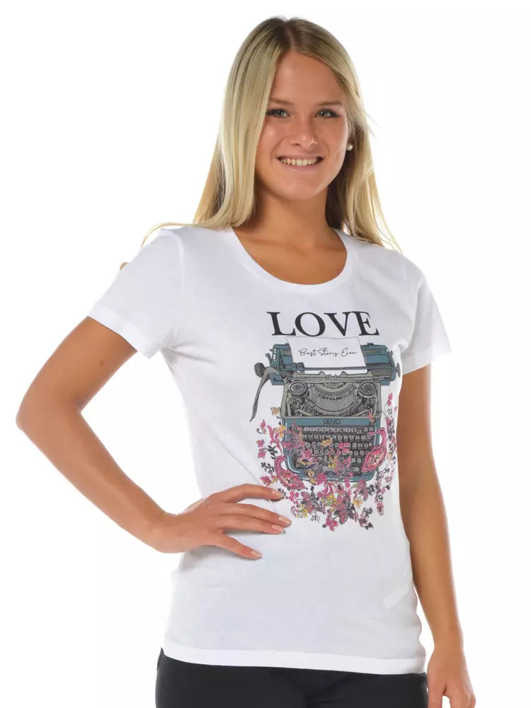 Liu Jo Elegant White Graphic Tee with Rhinestone Accents