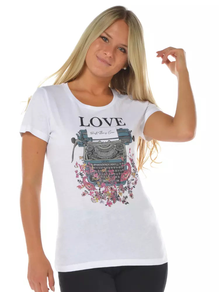 Liu Jo Elegant White Graphic Tee with Rhinestone Accents