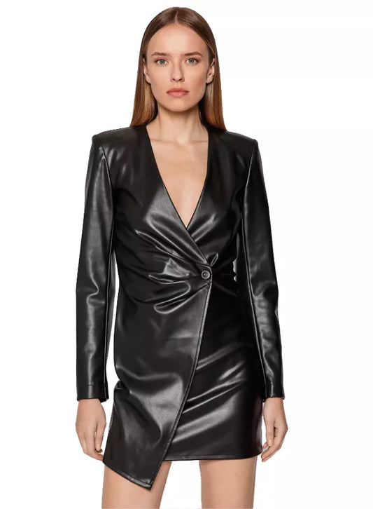 Patrizia Pepe Eco-Leather V-Neck Chic Short Dress