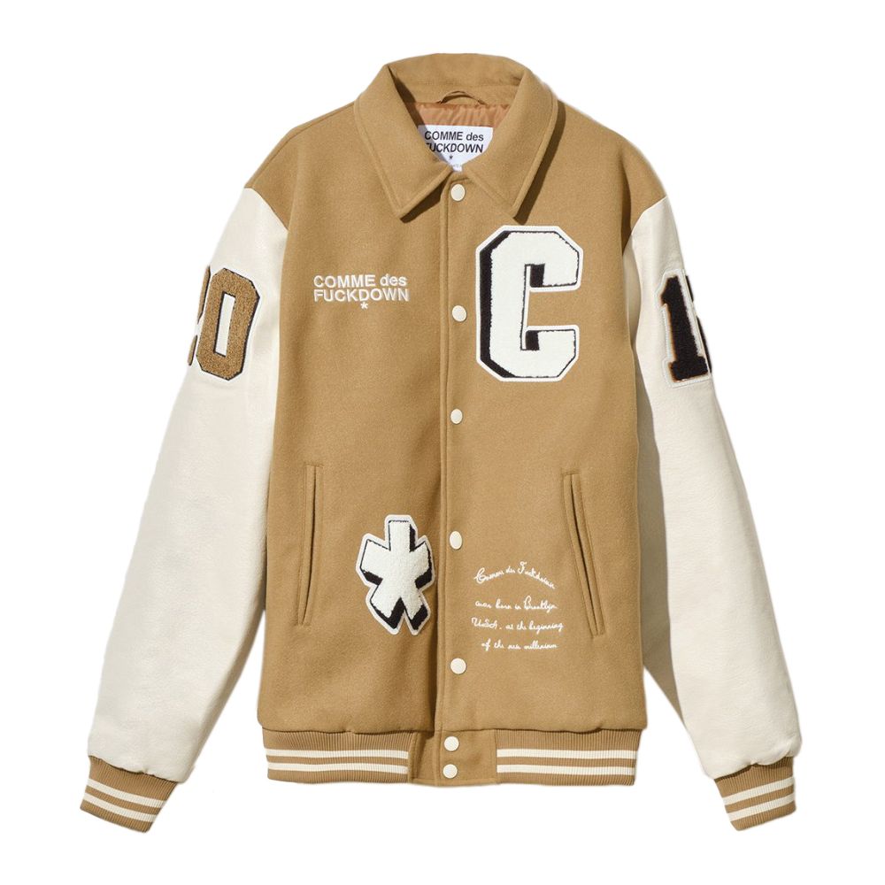 Comme Des Fuckdown Urban Chic College Bomber Jacket with Eco-Leather Sleeves