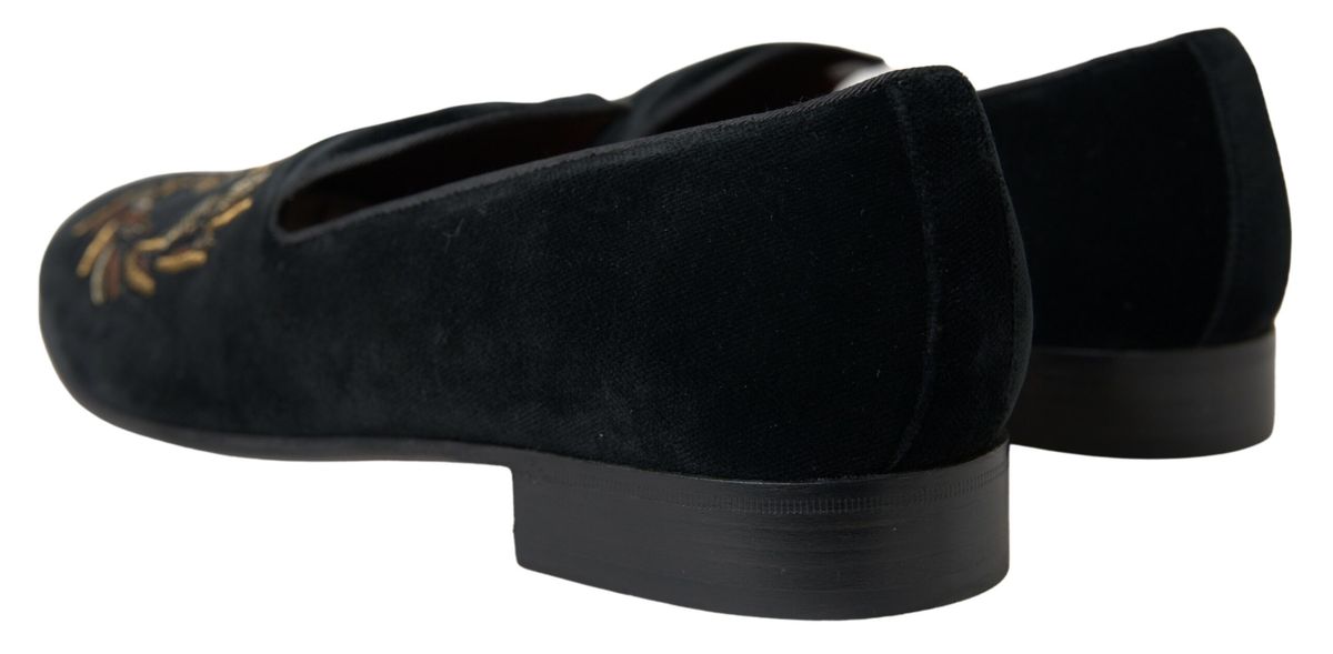 Dolce & Gabbana Elegant Black Velvet Gold-Accent Loafers