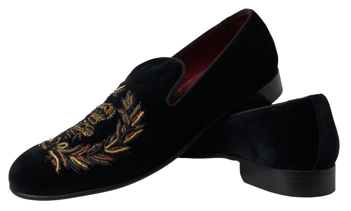 Dolce & Gabbana Elegant Black Velvet Gold-Accent Loafers