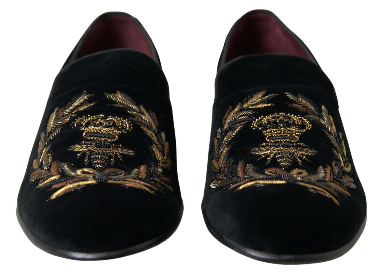 Dolce & Gabbana Elegant Black Velvet Gold-Accent Loafers