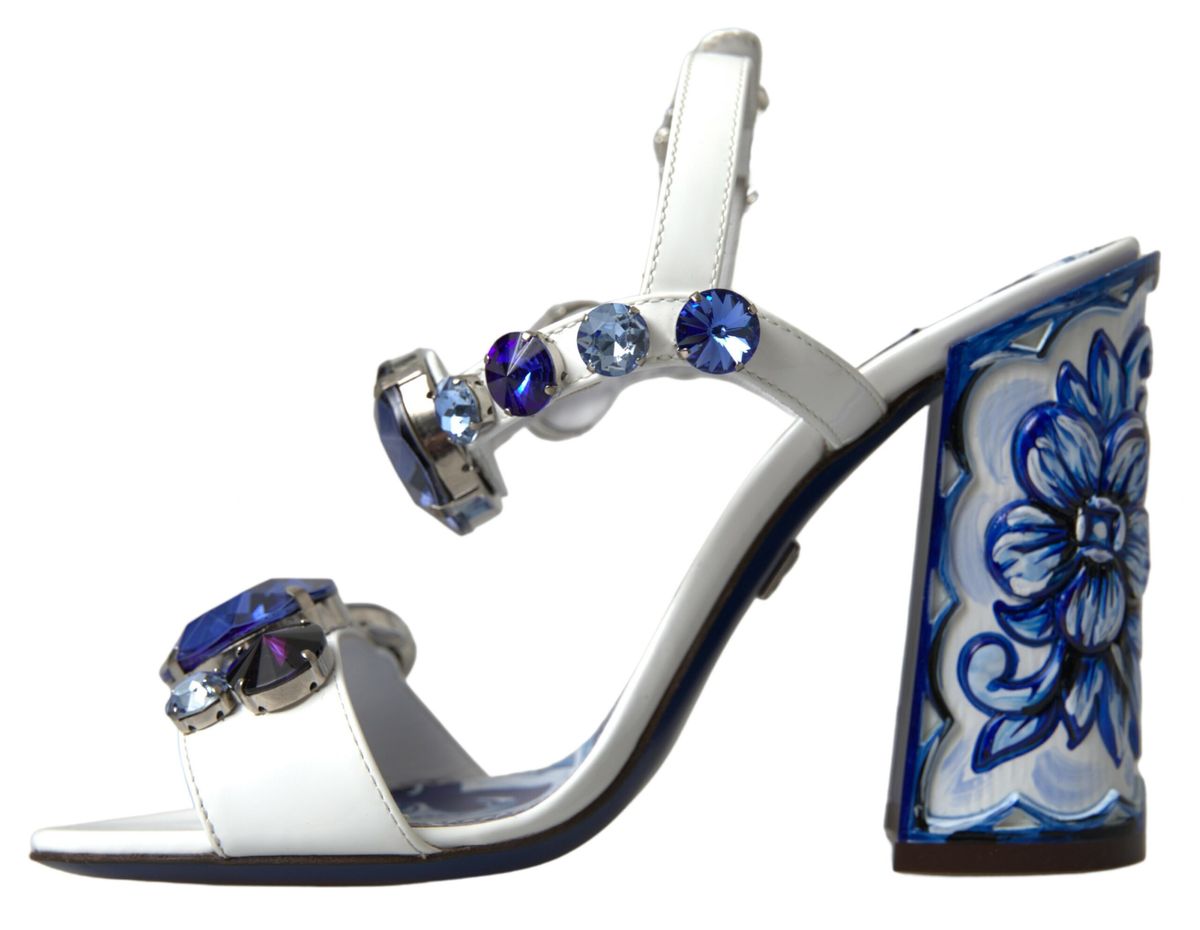 Dolce & Gabbana Elegant White & Blue Gemstone Embellished Sandals