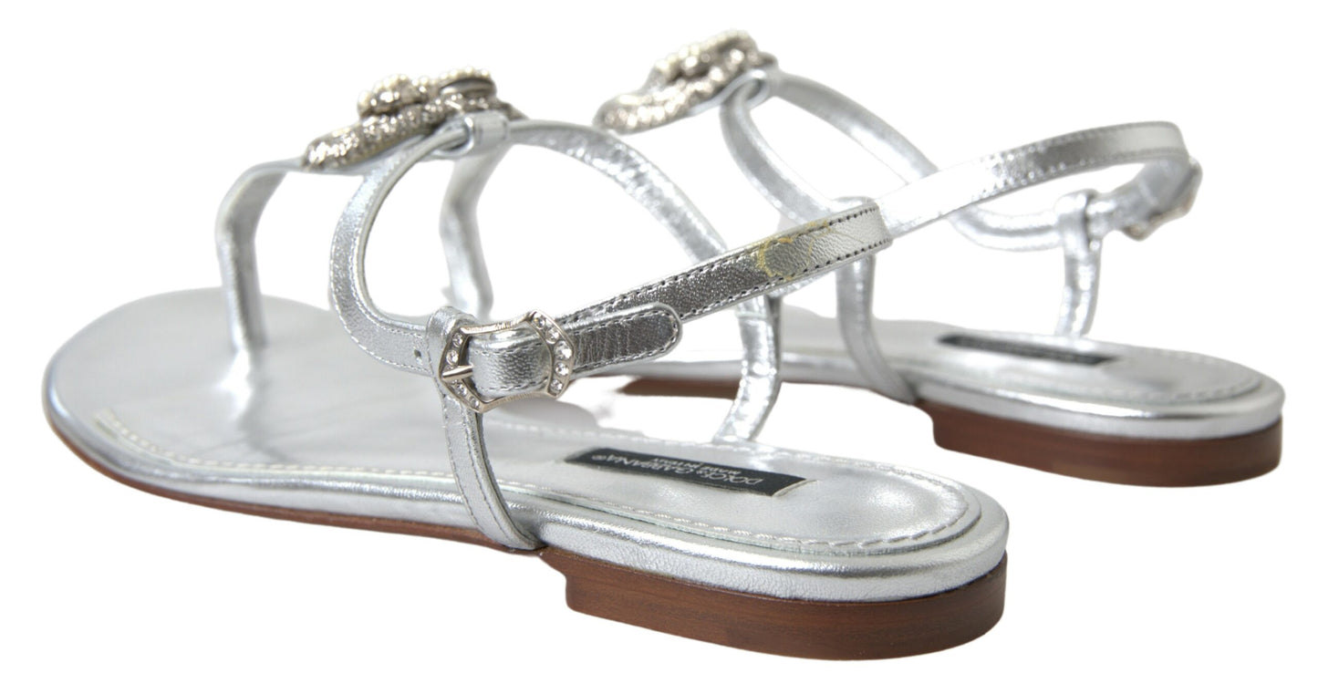 Dolce & Gabbana Elegant Silver Flat Sandals with Heart Detail