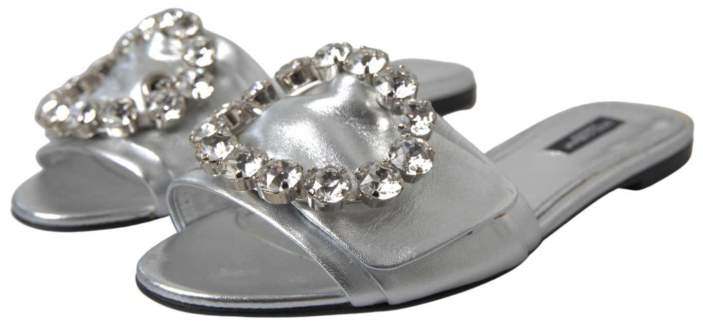 Dolce & Gabbana Crystal-Embellished Silver Leather Slides