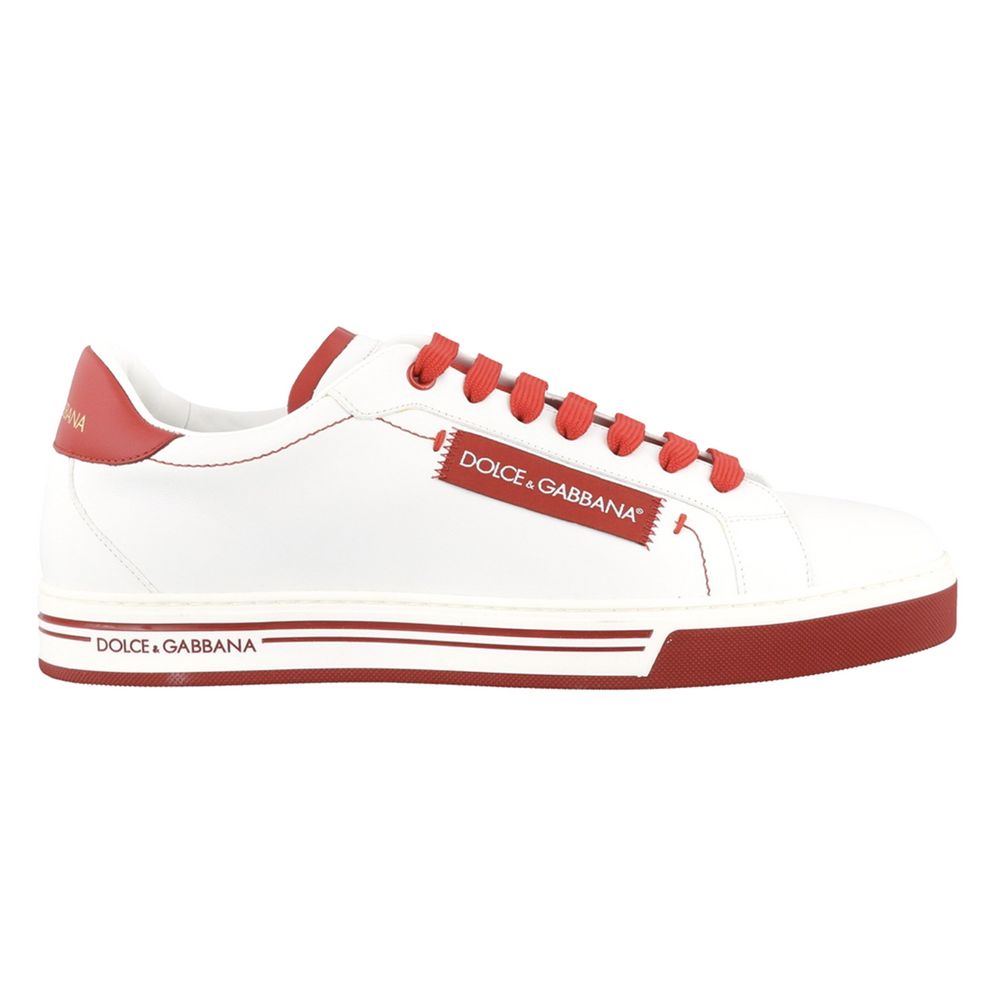 Dolce & Gabbana Chic White Calfskin Leather Sneakers with Red Accents