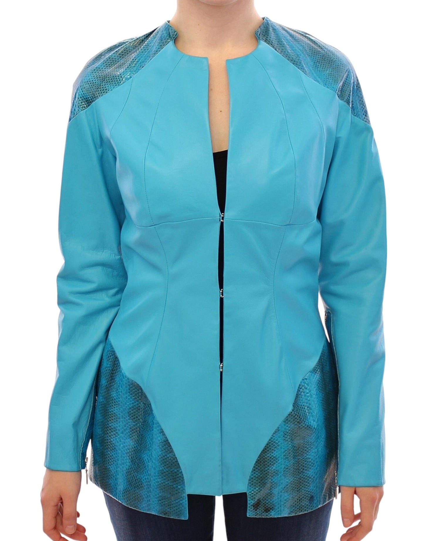 Vladimiro Gioia Exquisite Blue Leather Jacket with Snake Print Detail