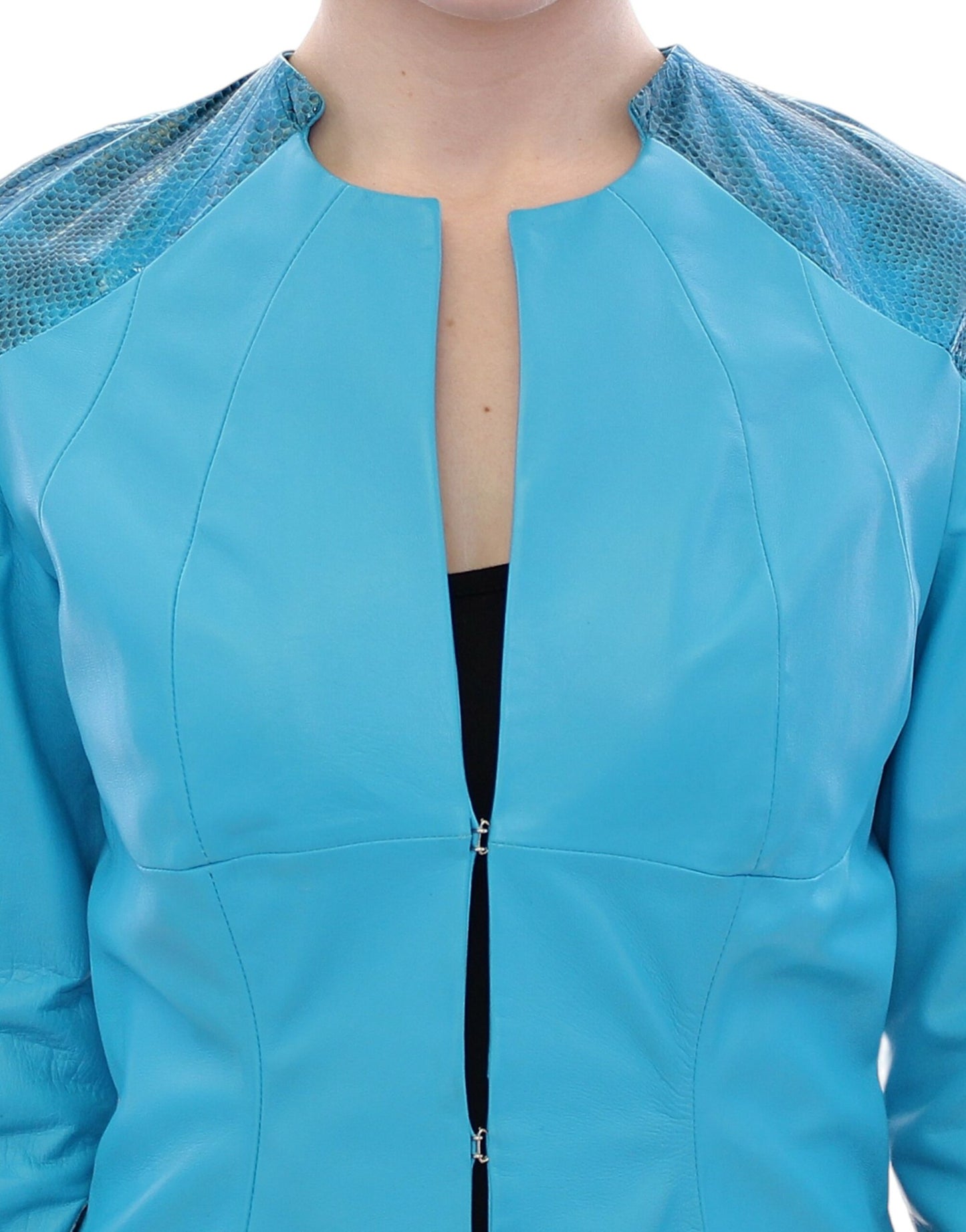 Vladimiro Gioia Exquisite Blue Leather Jacket with Snake Print Detail