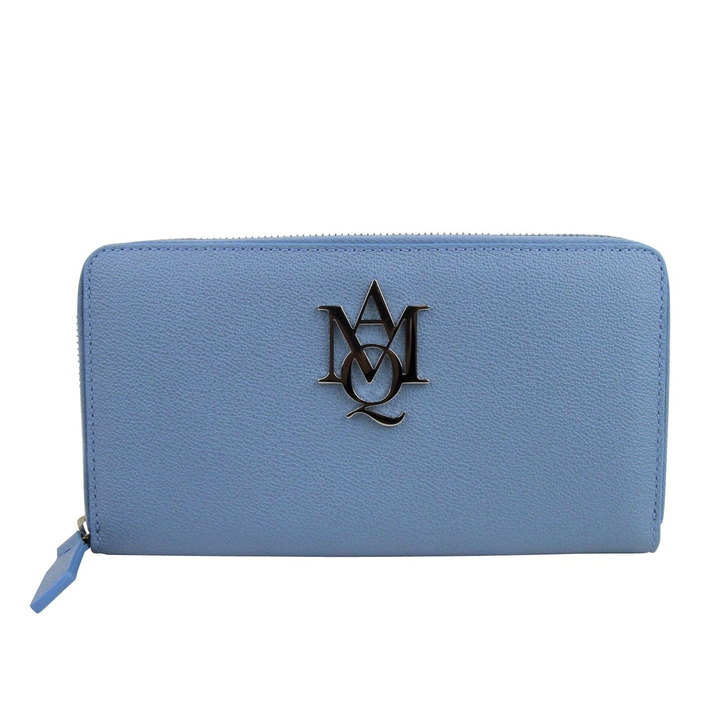 Alexander McQueen Women's Gold Logo Blue Leather Zip Around Wallet