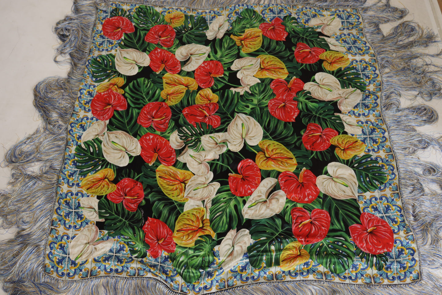 Dolce & Gabbana Elegant Floral Silk Scarf with Fringes