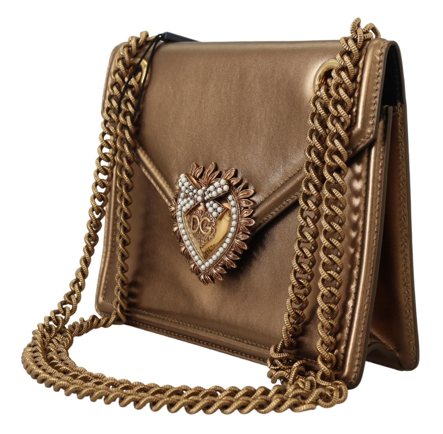 Dolce & Gabbana Elegant Bronze Leather Shoulder Bag with Chain Strap