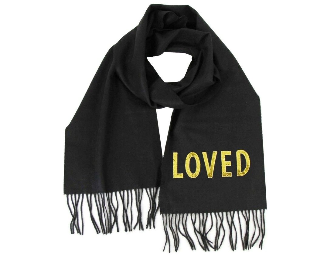 Gucci Black Silk Cashmere Long Scarf Yellow Sequin "LOVED"