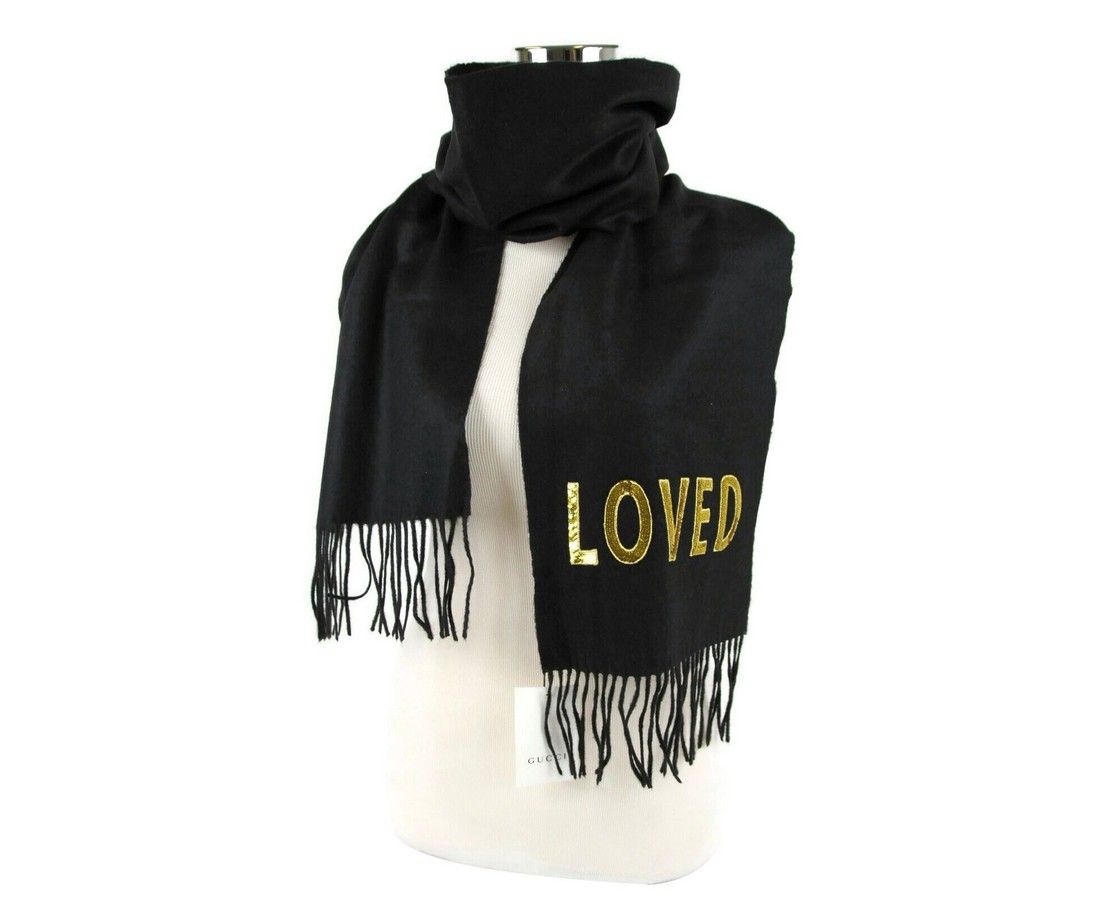 Gucci Black Silk Cashmere Long Scarf Yellow Sequin "LOVED"