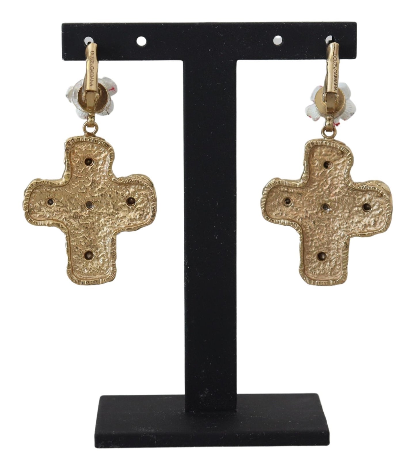 Dolce & Gabbana Gold and Pink Sicily Cross Dangling Earrings