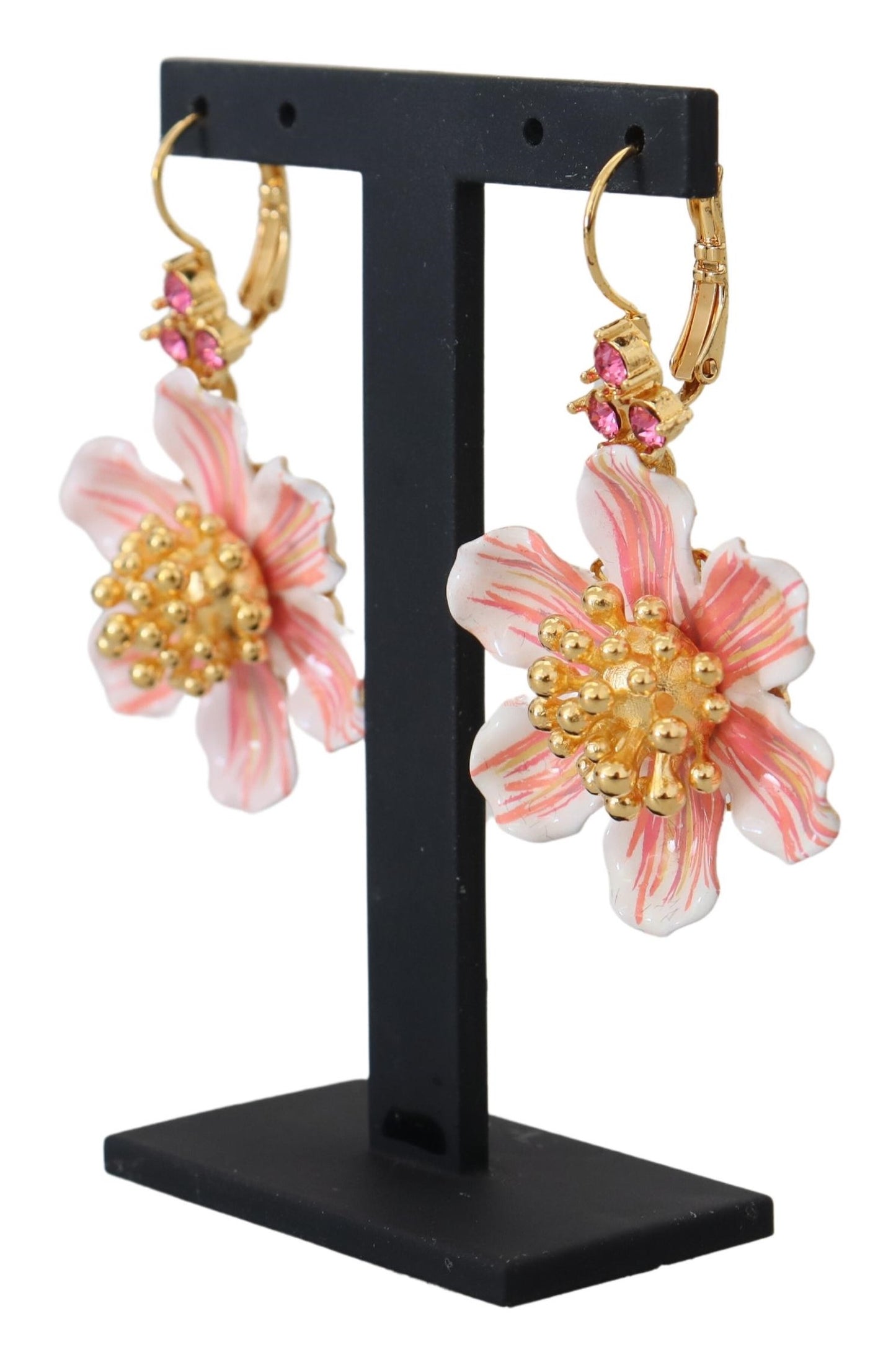 Dolce & Gabbana Elegant Gold & Pink Floral Dangling Earrings